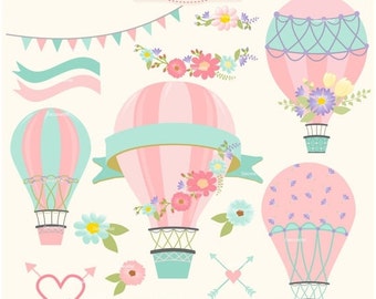 ON SALE Hot Air Balloons clipart, hot air balloon clipart, balloon label clipart, shabby chic, instant download clipart