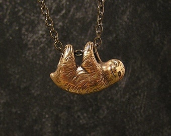 Happy Little Sloth Necklace, three toe sloth, dangles freely on a 20" inch chain (br)
