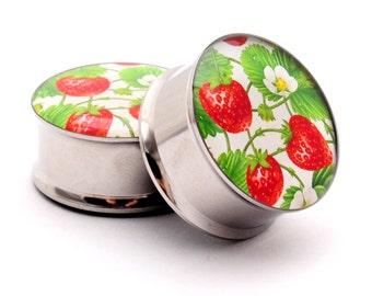 Strawberry Patch Picture Plugs gauges - 16g, 14g, 12g, 10g, 8g, 6g, 4g, 2g, 0g, 00g, 7/16, 1/2, 9/16, 5/8, 3/4, 7/8, 1 inch