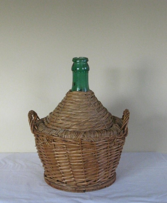 Large Vintage Demijohn Green Glass Bottle in Woven Wicker