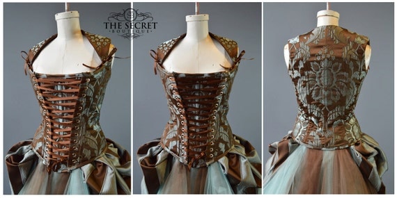 custom made corset-steampunk-blue-damask-gothic-the secret boutique-corset-front lacing-outlander-18th cent-french corset-with straps by thesecretboutique steampunk buy now online