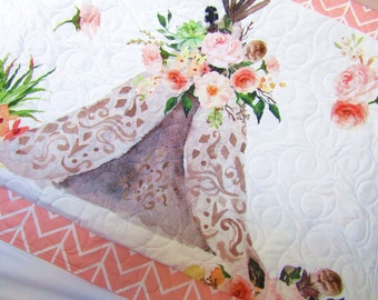 Baby Quilt-Girl-Modern Tribal Teepee-Light Coral/Pink-Buck and Antler Crib Bedding-Quilted Baby Blanket
