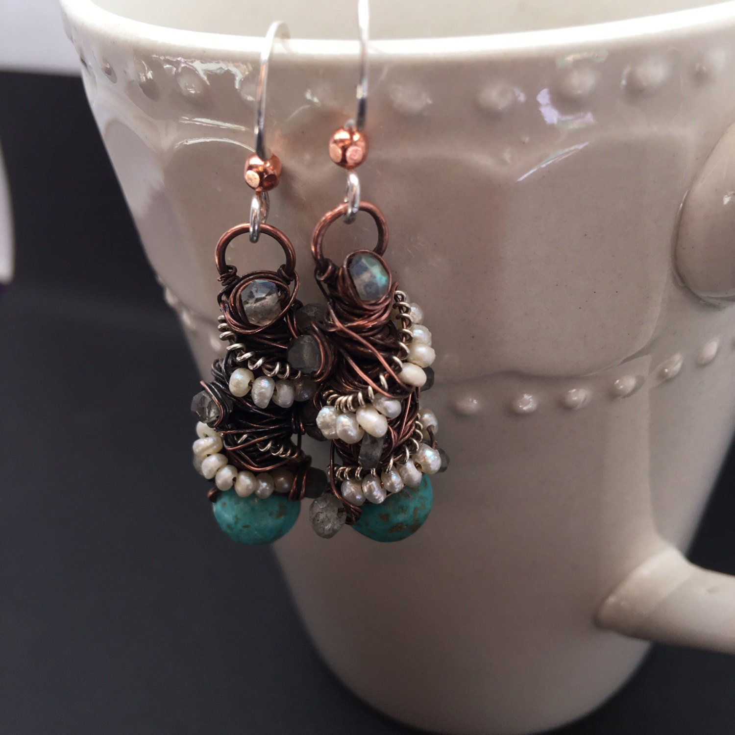 Tangled Earrings Copper Silver Magnesite Turquoise Seed