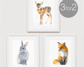 Woodland Decor Set, Nursery Woodland Art, Forest Print Set, Deer, Rabbit, Fox, Woodland Nursery, Set of 3 - for the price of 2