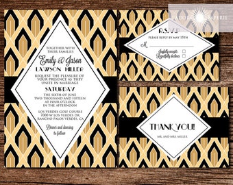 Great Gatsby Invitation, Art Deco Wedding Invitation, Roaring 20, Art Deco, Black, Gold, Wedding Invites, Printable, 1920s, jadorepaperie