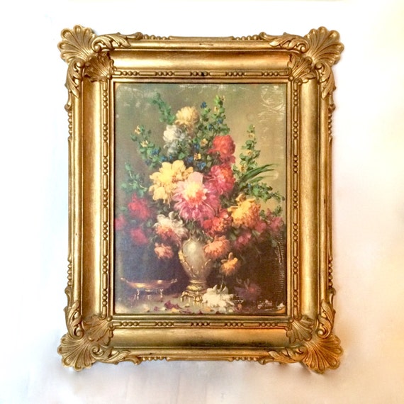 Vintage Floral Painting Print with Gold Frame / Coppercraft