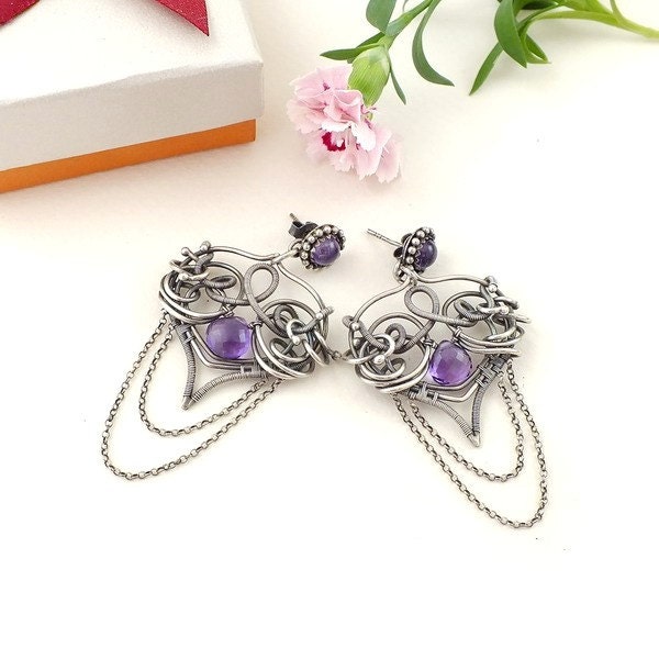 Wire wrapped earring dangle purple earring by MadeBySunflower