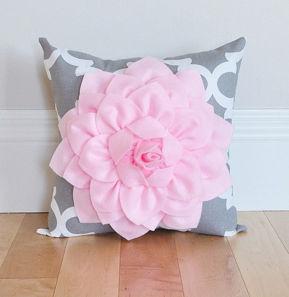 Decorative Flower Pillow Light Pink Dahlia on Gray and by bedbuggs