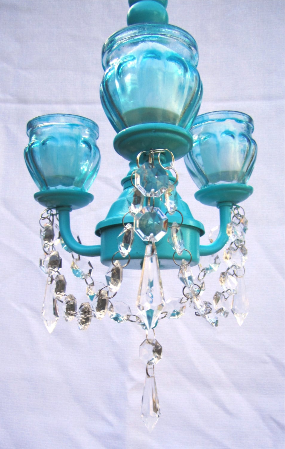 HANGING CHANDELIER CANDLE Holder Oak 3 arm. Satin Aqua with