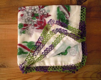 scarf with tatted trim, white green purple vintage