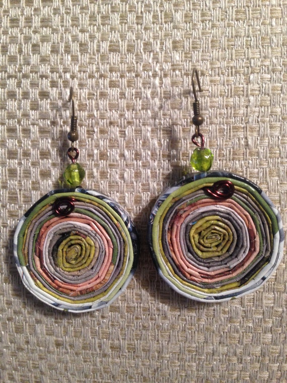 lime GREEN Round coiled recycled paper pierced earrings