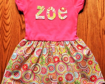 Toddler Summer Dress- personalized name dress, short sleeve party dress, unique toddler boutique style dress