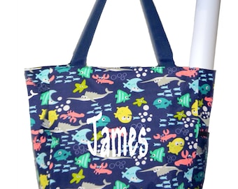 Personalized Navy Blue Fishes Pattern Diaper Bag with Changing Pad