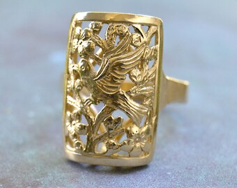 Rare MING'S Honolulu LG size Bird and Plum Flower RING 14K Gold Sze 10