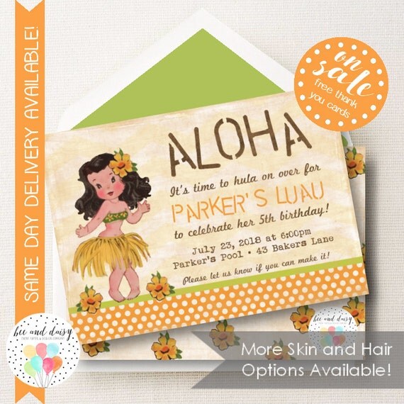 Vintage Luau Birthday Invitation, Hawaiian Luau Invitation, Luau Party, Girls Birthday, Printable Luau Invite, Choose Skin & Hair Color Il_570xn