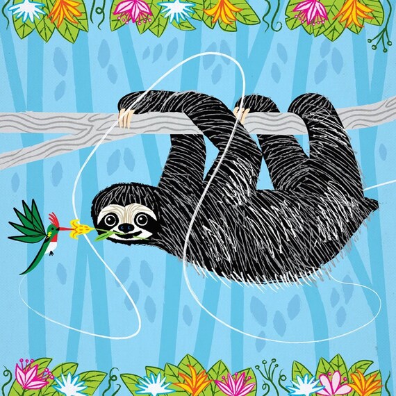 The Sloth and The Hummingbird - animal friends - childrens art - nursery decor - limited edition art poster print - iOTA iLLUSTRATiON