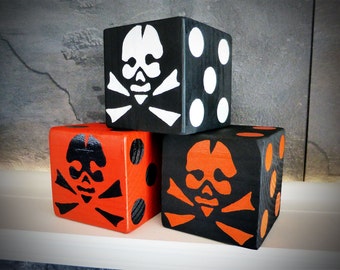Jumbo Lawn Yard Wood Dice - Halloween Skull & Crossbones Orange/Black 3.5" - Yahtzee, Bunco, Farkle, Holiday Home Decor