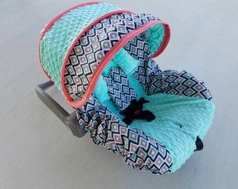 Baby Infant Seat Cover, Baby Canopy, Aztec Coral Mint cover, tribal girl baby seat cover, Infant custom car seat cover-FREE strap covers