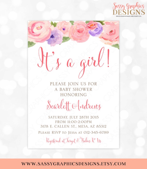 Watercolor Baby Shower Invitation Girl Watercolor Floral