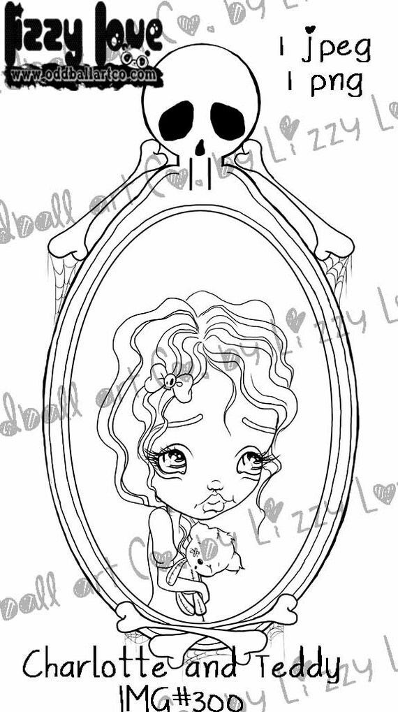 INSTANT DOWNLOAD Digi Stamp Cute Big Eye Girl in Mirror Holding Teddy Snow White Tribute -  Charlotte Image No.300 by Lizzy Love