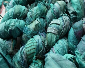 Aqua Recycled Sari Silk Ribbon Yarn, Aquamarine, Teal, 3.5 oz / 100 grams, 55 to 65 yards, Upcycled, Bulky, Crochet, Knit, Jewelry, Craft