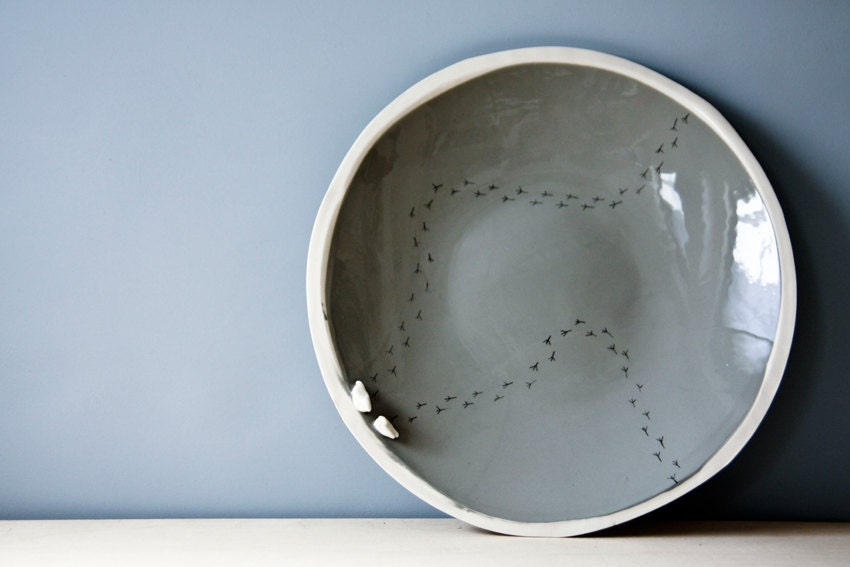 decorative plate. BIRD BATH. grey plate. pottery for men. wall