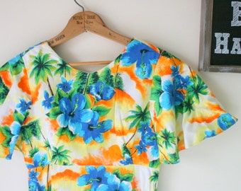 1970s Hawaiian Dream Dress....size xs small medium...mod. dreamy. maxi dress. 70s dress. tangerine. ruffled. kawaii. vintage hawaiian dress