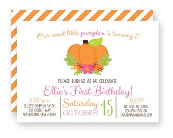 Pumpkin Patch Birthday Invitation, Pumpkin Theme Birthday Party Invitation,
