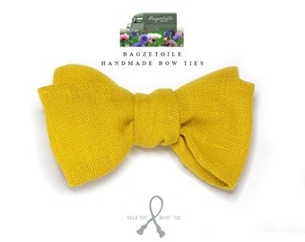 Linen bow tie, mens, pure linen -yellow, freestyle, self tie, for men / adjustable bow tie : perfect for your summer wedding / groomsmen.