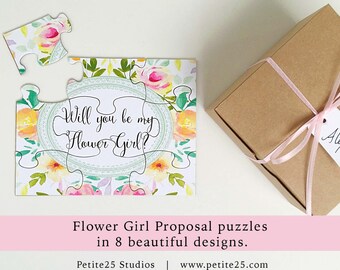 Will You Be my Flower Girl puzzle, bridal party proposal, invitation, our flower girl card, watercolor flowers, pink yellow orange flowers