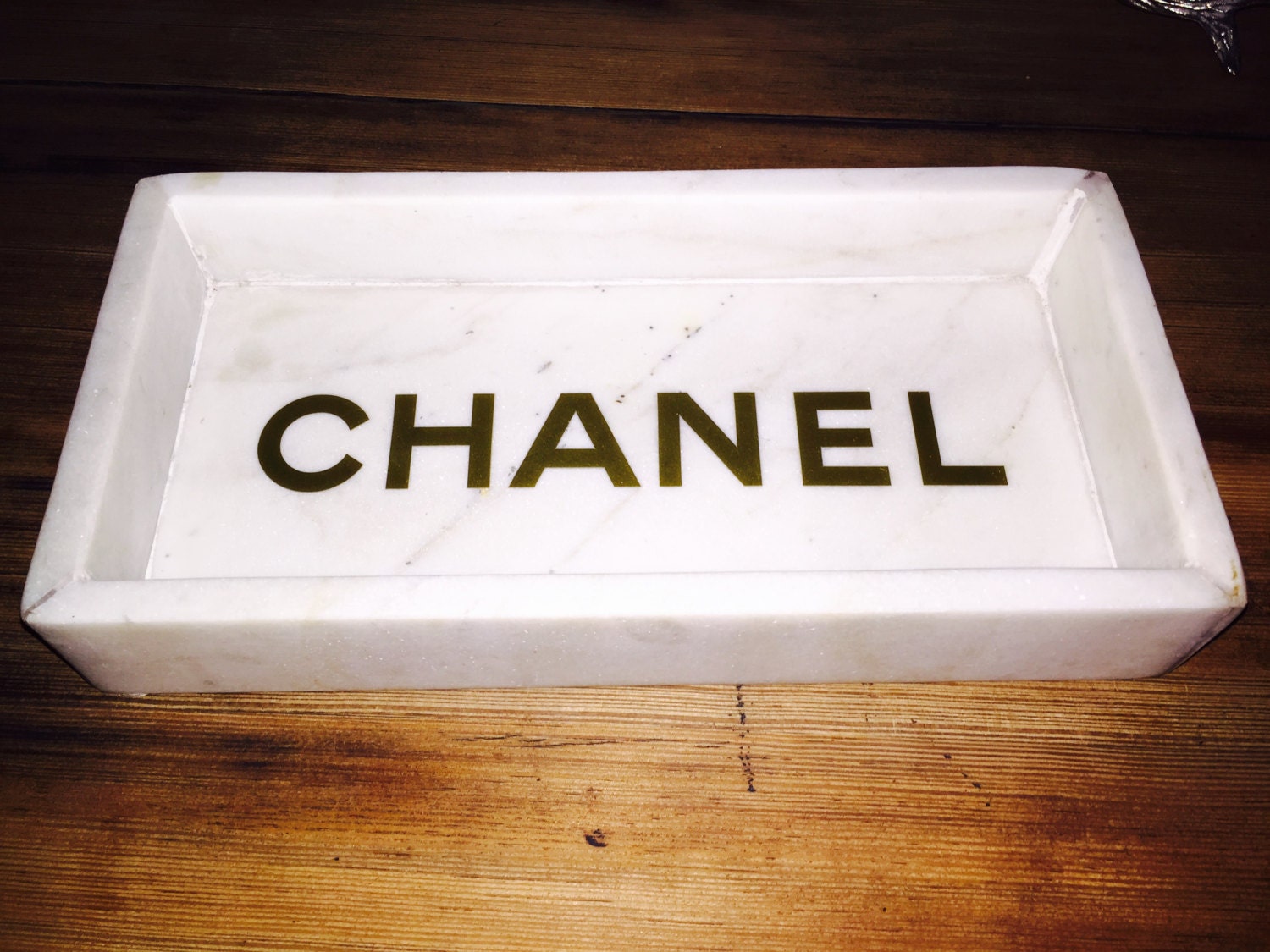 CHANEL TRAY White Marble Vanity Tray with Gold Logo by jessi4333