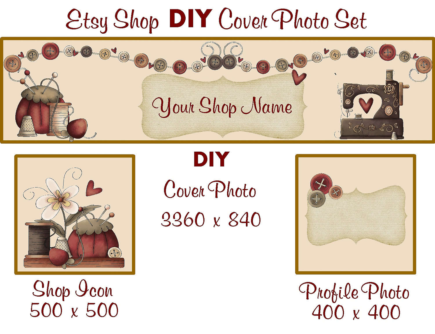 Etsy Shop Banner New Size Cover Photo Set DIY Add Your Shop Name