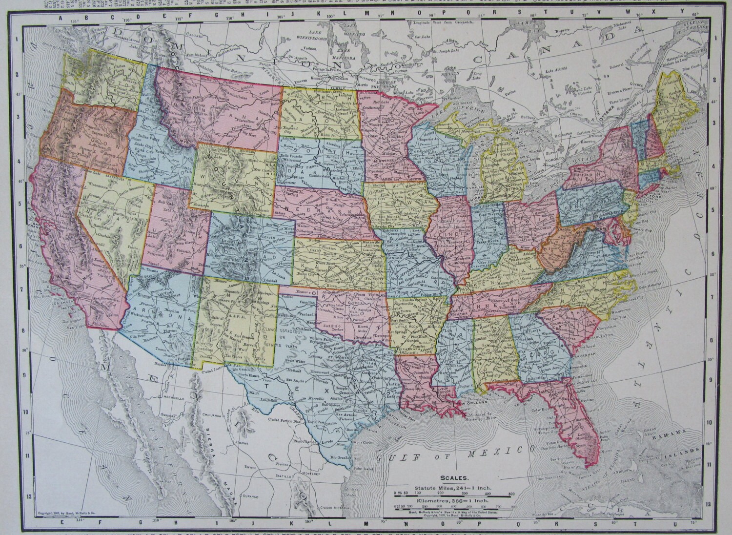 1907 UNITED STATES US Map. 11x14. Vintage Original 1900s. Rand