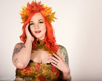 Poison Ivy crown, in red, orange, yellow and green leaves.