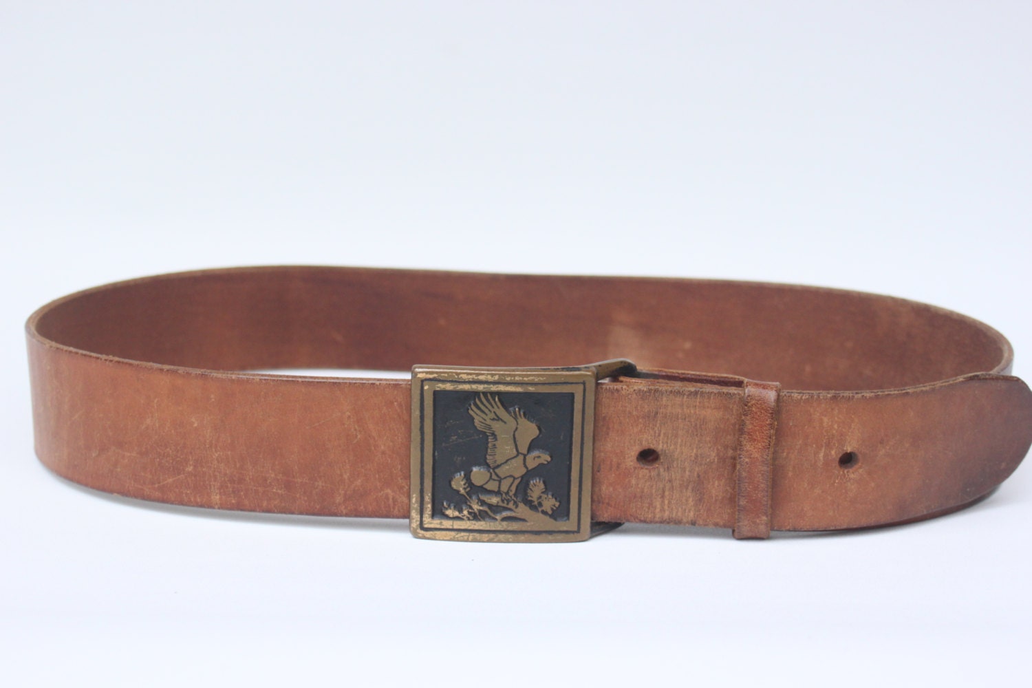 Vintage Brown Leather Belt With Brass Buckle