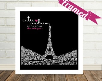 Destination Wedding Gift City Skyline FRAMED ART Print Paris France Any City Available Unique Wedding Gift Engagement Gift Valentine Gift