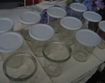 13 Vintage Jelly Jars, Juice Glasses, 13 Jelly Jars with Snap- on Plastic Lids