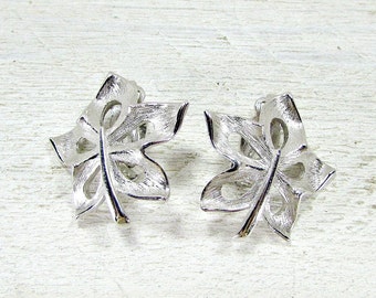 Vintage Silver Leaf Earrings, Maple Leaf Earrings, Brushed Silver Earrings, Clip-on Earring, 1950s Costume Jewelry, Mothers Day Gift for Mom