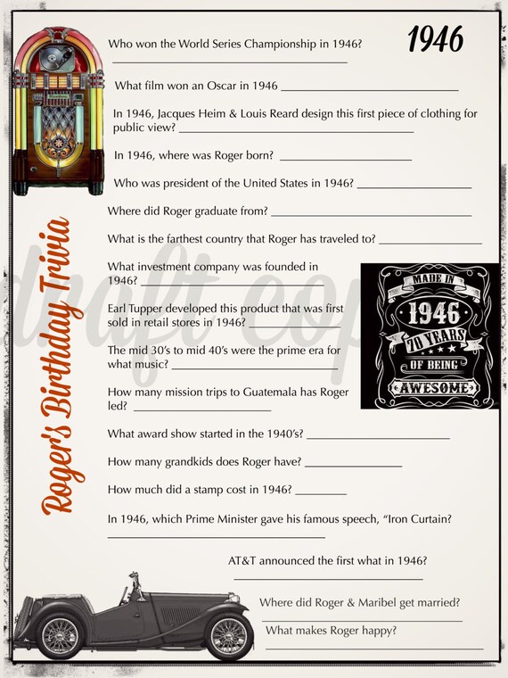 birthday trivia game 1945 60th 50th 70th birthday parties