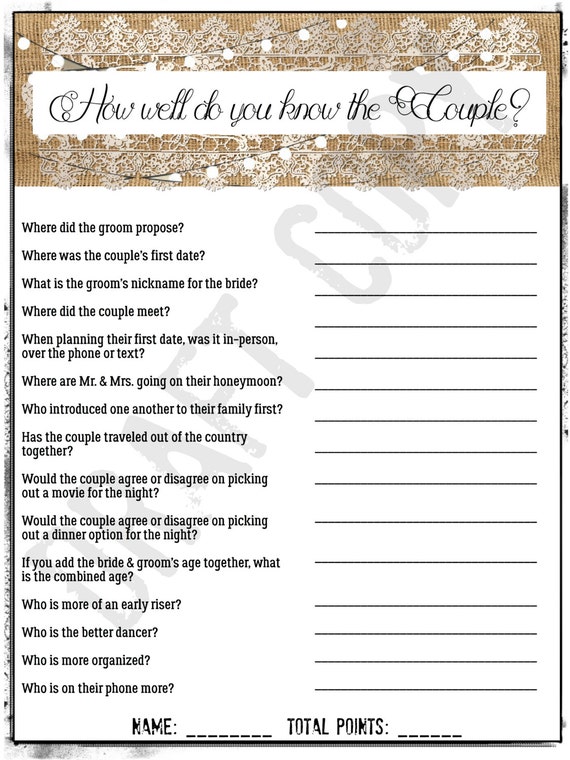 Bridal Shower Game How Well Do you know the Couple