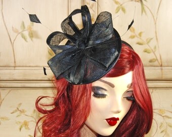 Black Fascinator Hat - Black Tea Party Hat - Black Wedding Fascinate Hat - Black Mini Fancy Hat with Feathers, fascinator headband