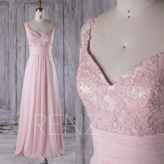 2016 Pink Chiffon Bridesmaid Dress V Neck Lace Wedding by RenzRags