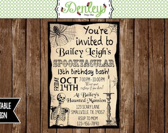 Haunted invitations, Skeleton Invitation, Halloween Birthday Invitation, Teenager Halloween Invitation (HA02)