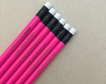 I love justin bieber back to school engraved pencils. Teacher gifts. Six pack of pencils.