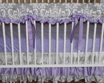 Bumperless Crib Bedding Set Lacie - Girl Baby Bedding, Lavender Crib Bedding, Gray Baby Bedding, Scalloped Crib Rail Cover, Ruffle Skirt