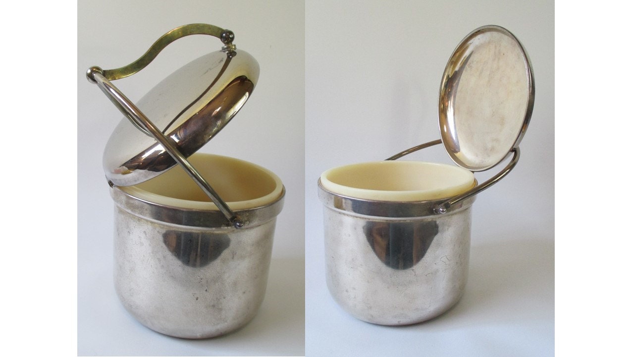 Ice Bucket Vintage Silver Hinged Lid Original Liner Mid