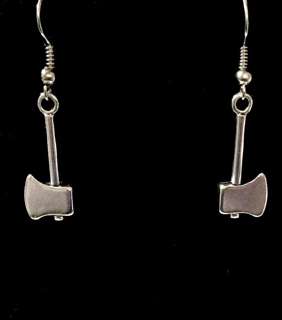 Silver Axe Earrings Handcrafted Hook Style Ear Wire & Hatchet
