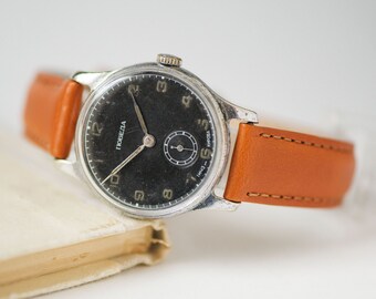 Black classy gent's watch Pobeda, mid century men's wrist watch, dress watch him, rare men's watch, premium leather strap new