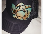 Slate grey trucker with hand painted goldy/turquoise ombre lotus