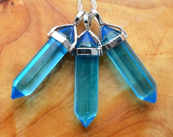 1 BLUE OBSIDIAN Glass PENDANT Double Terminated Point Polished Stone Healing Crystal Sterling Silver Bale aka Aqua Aura Look Alike #W5